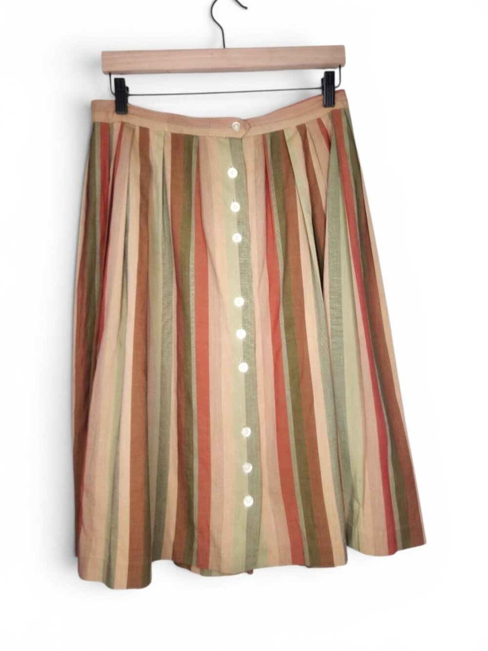 1950s Pleated Button Front Striped Vintage Midi Skirt Size L